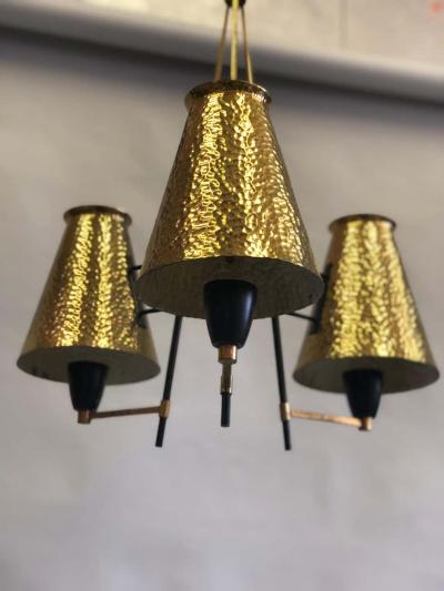  Stilnovo Italian Midcentury Enamel Metal Hammered Brass Chandelier Attrib to Stilnovo