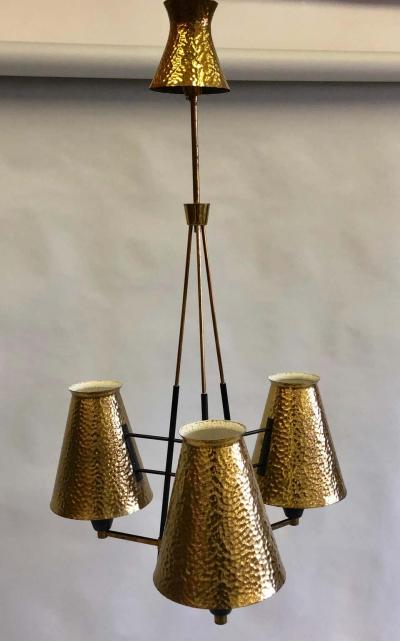  Stilnovo Italian Midcentury Enamel Metal Hammered Brass Chandelier Attrib to Stilnovo
