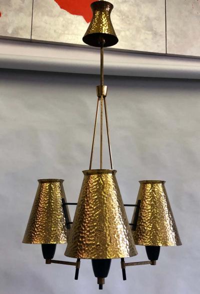  Stilnovo Italian Midcentury Enamel Metal Hammered Brass Chandelier Attrib to Stilnovo