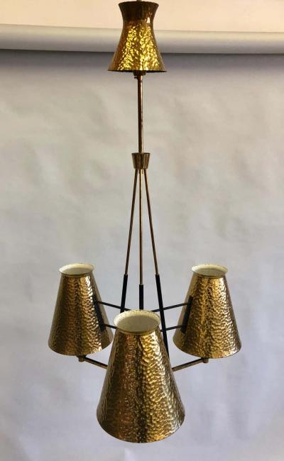  Stilnovo Italian Midcentury Enamel Metal Hammered Brass Chandelier Attrib to Stilnovo