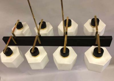  Stilnovo Italian Midcentury Rectangular Brass Milk Glass Chandelier attrib to Stilnovo