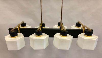  Stilnovo Italian Midcentury Rectangular Brass Milk Glass Chandelier attrib to Stilnovo