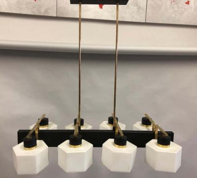  Stilnovo Italian Midcentury Rectangular Brass Milk Glass Chandelier attrib to Stilnovo