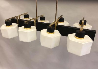  Stilnovo Italian Midcentury Rectangular Brass Milk Glass Chandelier attrib to Stilnovo