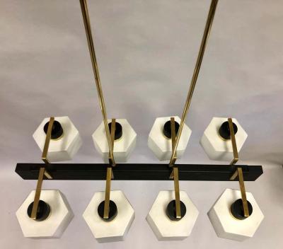  Stilnovo Italian Midcentury Rectangular Brass Milk Glass Chandelier attrib to Stilnovo