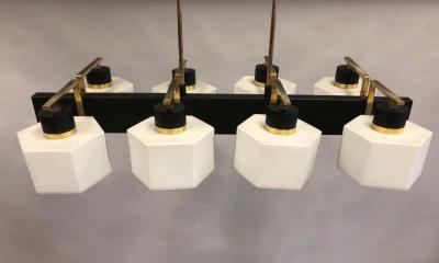  Stilnovo Italian Midcentury Rectangular Brass Milk Glass Chandelier attrib to Stilnovo