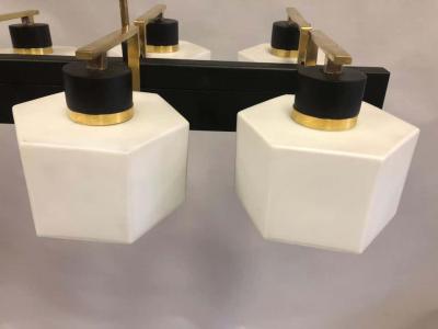 Stilnovo Italian Midcentury Rectangular Brass Milk Glass Chandelier attrib to Stilnovo