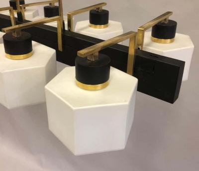  Stilnovo Italian Midcentury Rectangular Brass Milk Glass Chandelier attrib to Stilnovo