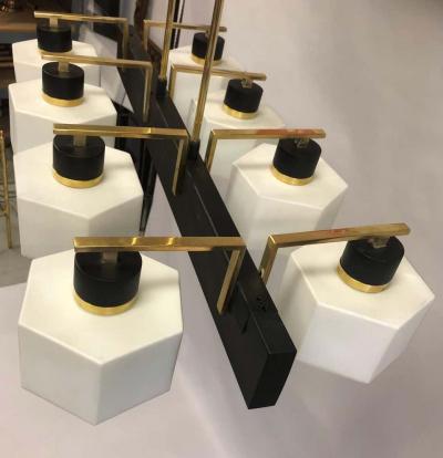  Stilnovo Italian Midcentury Rectangular Brass Milk Glass Chandelier attrib to Stilnovo