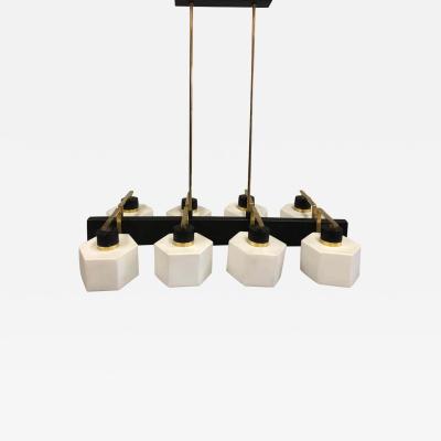  Stilnovo Italian Midcentury Rectangular Brass Milk Glass Chandelier attrib to Stilnovo