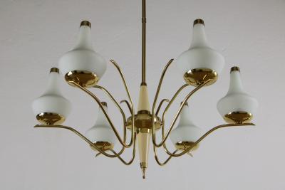  Stilnovo Italian Midcentury Six Lights Gold and Ivory Chandelier Attributed to Stilnovo