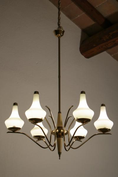  Stilnovo Italian Midcentury Six Lights Gold and Ivory Chandelier Attributed to Stilnovo