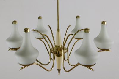  Stilnovo Italian Midcentury Six Lights Gold and Ivory Chandelier Attributed to Stilnovo