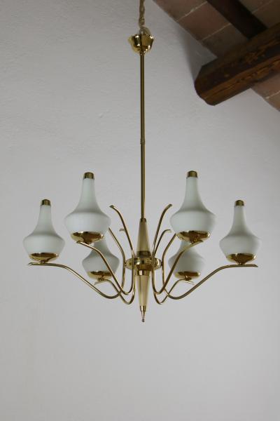  Stilnovo Italian Midcentury Six Lights Gold and Ivory Chandelier Attributed to Stilnovo
