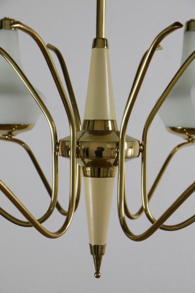  Stilnovo Italian Midcentury Six Lights Gold and Ivory Chandelier Attributed to Stilnovo