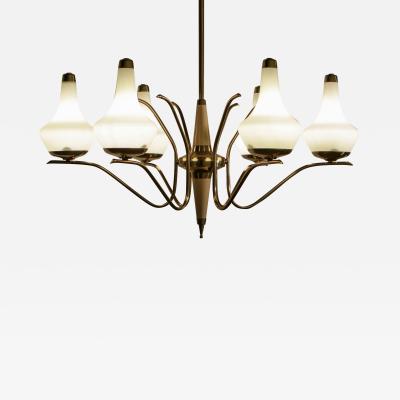  Stilnovo Italian Midcentury Six Lights Gold and Ivory Chandelier Attributed to Stilnovo