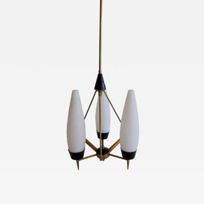  Stilnovo Italian Modern Brass Glass and Enameled 3 Light Chandelier Stilnovo
