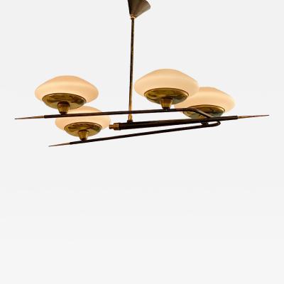  Stilnovo Italian Modern Brass Metal and Frosted Glass 4 light Chandelier Stilnovo