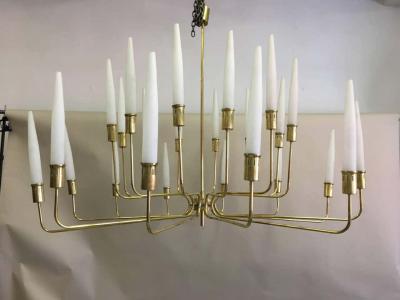  Stilnovo Large Italian Modern Neoclassic 2 Tier Brass Satin Glass Chandelier Stilnovo