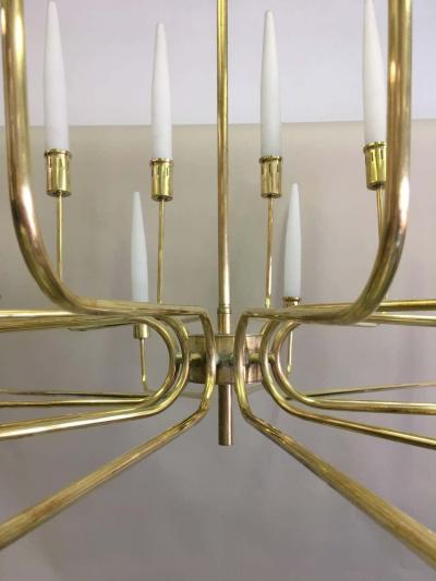  Stilnovo Large Italian Modern Neoclassic 2 Tier Brass Satin Glass Chandelier Stilnovo