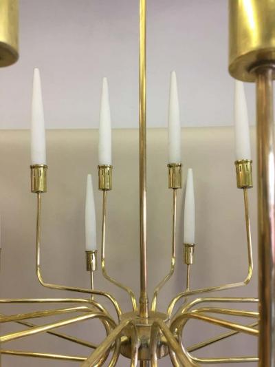  Stilnovo Large Italian Modern Neoclassic 2 Tier Brass Satin Glass Chandelier Stilnovo