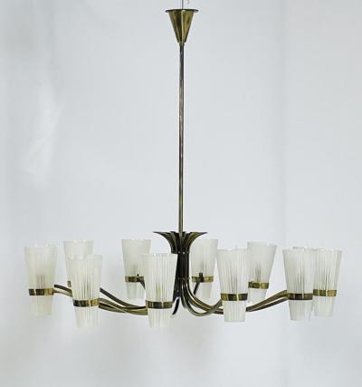  Stilnovo Mid Century Italian 12 Arm Chandelier by Stilnovo in Brass and Murano Glass