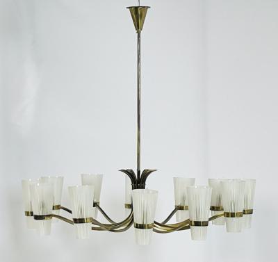  Stilnovo Mid Century Italian 12 Arm Chandelier by Stilnovo in Brass and Murano Glass