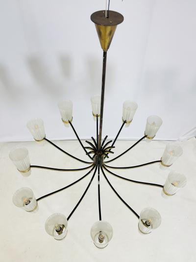 Stilnovo Mid Century Italian 12 Arm Chandelier by Stilnovo in Brass and Murano Glass