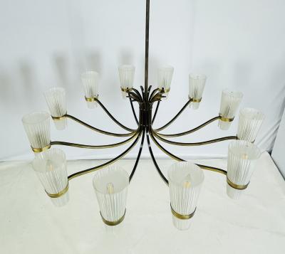  Stilnovo Mid Century Italian 12 Arm Chandelier by Stilnovo in Brass and Murano Glass