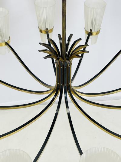  Stilnovo Mid Century Italian 12 Arm Chandelier by Stilnovo in Brass and Murano Glass