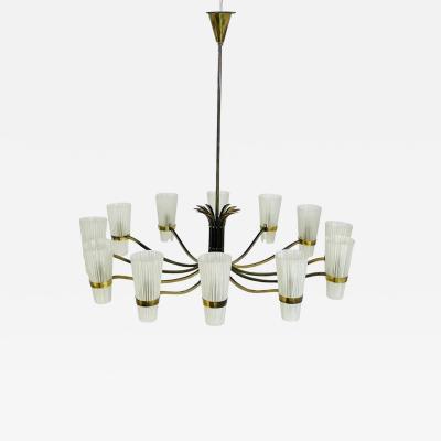  Stilnovo Mid Century Italian 12 Arm Chandelier by Stilnovo in Brass and Murano Glass