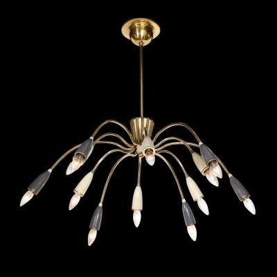  Stilnovo Mid Century Modernist Twelve Arm Brass and Enamel Chandelier by Stilnovo