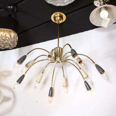  Stilnovo Mid Century Modernist Twelve Arm Brass and Enamel Chandelier by Stilnovo