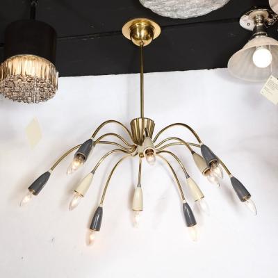  Stilnovo Mid Century Modernist Twelve Arm Brass and Enamel Chandelier by Stilnovo