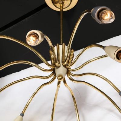  Stilnovo Mid Century Modernist Twelve Arm Brass and Enamel Chandelier by Stilnovo