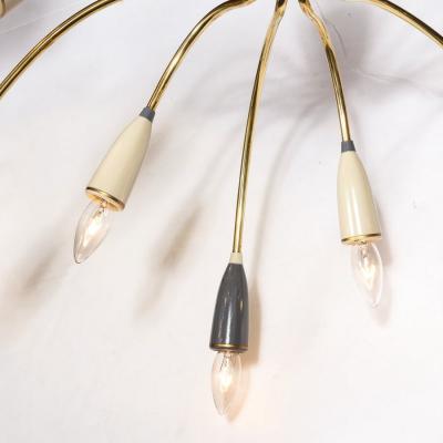  Stilnovo Mid Century Modernist Twelve Arm Brass and Enamel Chandelier by Stilnovo