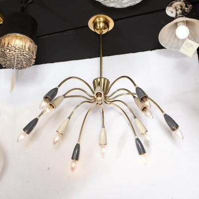  Stilnovo Mid Century Modernist Twelve Arm Brass and Enamel Chandelier by Stilnovo