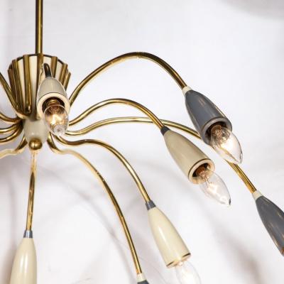  Stilnovo Mid Century Modernist Twelve Arm Brass and Enamel Chandelier by Stilnovo