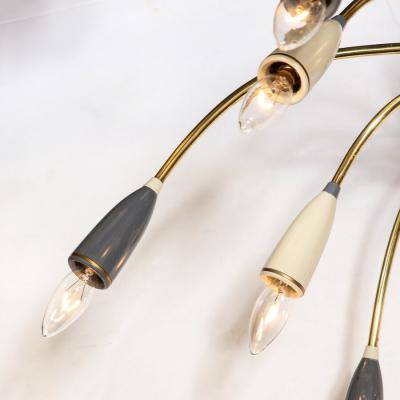  Stilnovo Mid Century Modernist Twelve Arm Brass and Enamel Chandelier by Stilnovo