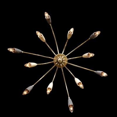  Stilnovo Mid Century Modernist Twelve Arm Brass and Enamel Chandelier by Stilnovo