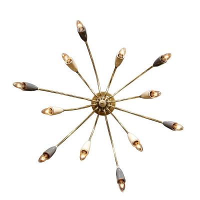  Stilnovo Mid Century Modernist Twelve Arm Brass and Enamel Chandelier by Stilnovo