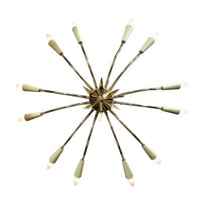  Stilnovo Mid Century Polished Brass Green Enamel 12 Light Chandelier by Stilnovo