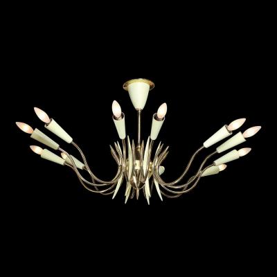  Stilnovo Mid Century Polished Brass Green Enamel 12 Light Chandelier by Stilnovo