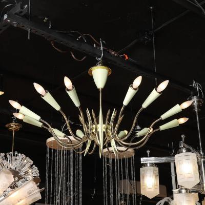  Stilnovo Mid Century Polished Brass Green Enamel 12 Light Chandelier by Stilnovo