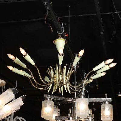  Stilnovo Mid Century Polished Brass Green Enamel 12 Light Chandelier by Stilnovo