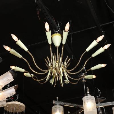  Stilnovo Mid Century Polished Brass Green Enamel 12 Light Chandelier by Stilnovo