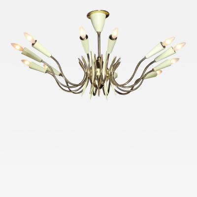  Stilnovo Mid Century Polished Brass Green Enamel 12 Light Chandelier by Stilnovo