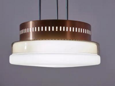  Stilnovo Midcentury Stilnovo Style Pendant Light Made of Glass and Copper Italy 1960s