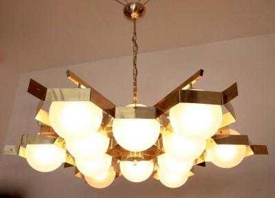  Stilnovo Monumental Brass and Glass Chandelier Attributed to Stilnovo