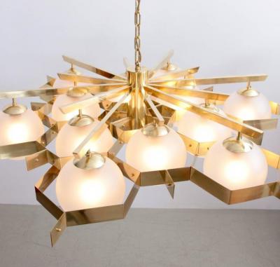  Stilnovo Monumental Brass and Glass Chandelier Attributed to Stilnovo